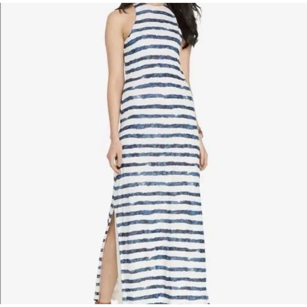 Ralph Lauren Linen Maxi Dress XL Blue White Striped Sleeveless Sundress Slit